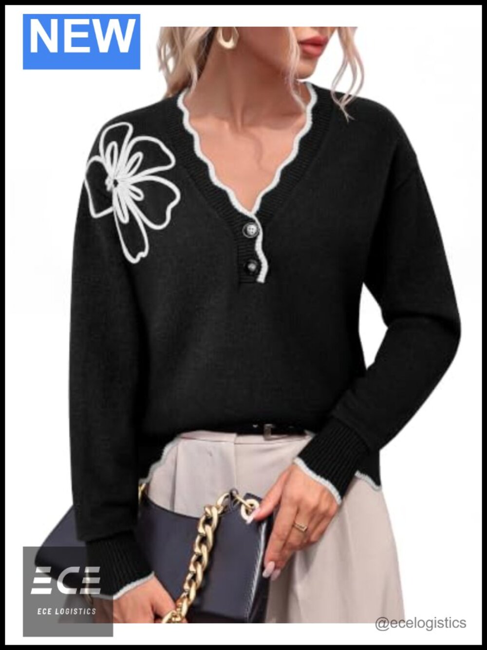 Knit Pullover Sweater Scalloped 3D Floral Ribbed Button Front